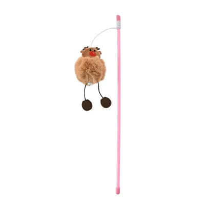 Pink Reindeer Cat Wand Toy for Christmas Pink cat teaser wand with brown plush reindeer pendant and long interactive wand