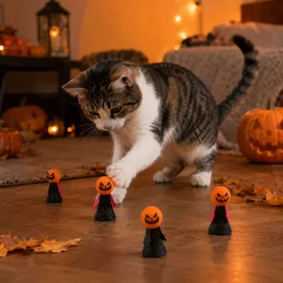 Cat Playing with Halloween Pumpkin Wobble Toys Cat playing with Halloween pumpkin wobble toys in a decorated Halloween home setting