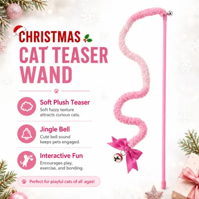 Christmas Cat Teaser Wand with Jingle Bell Christmas pink cat teaser wand with soft plush teaser bow and jingle bell