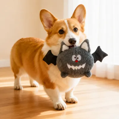 Halloween Bat Plush Dog Toy for Interactive Play Corgi holding a grey Halloween bat plush dog toy indoors