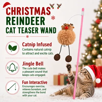 Christmas Reindeer Cat Wand with Catnip and Bell Christmas reindeer cat teaser wand infographic showing catnip infused plush, jingle bell and interactive play features