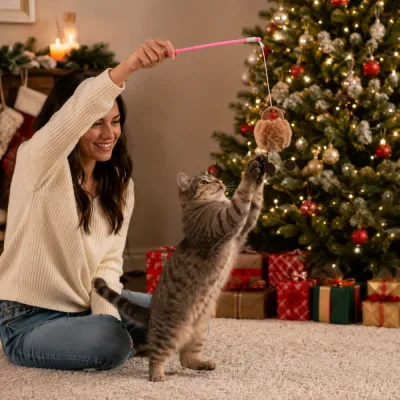 Interactive Christmas Reindeer Cat Wand Toy Woman playing with a cat using a Christmas reindeer teaser wand beside a decorated Christmas tree