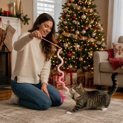 Interactive Christmas Cat Wand Toy for Playtime Woman playing with tabby cat using pink plush teaser wand near Christmas tree