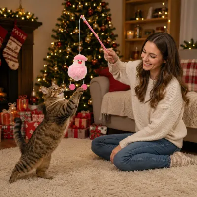 Woman playing with a tabby cat using a pink Christmas Santa teaser wand beside a decorated Christmas tree