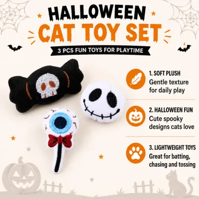 Halloween Cat Toy Set Features – Soft Plush 3 Pack 3 piece Halloween cat toy set with soft plush lightweight toys for batting chasing and tossing