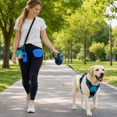 Woman walking Labrador with dog harness retractable leash and portable walking accessories