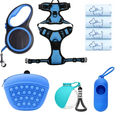 Six piece dog outdoor accessories set with harness leash water bottle treat pouch poop bags and dispenser
