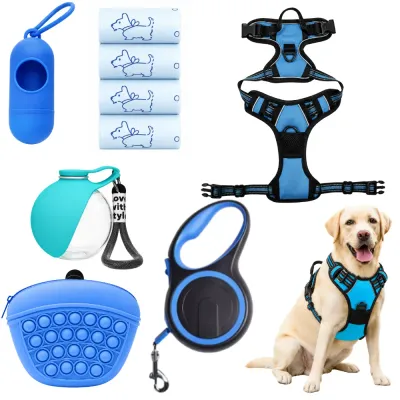 Dog wearing adjustable harness beside 6 piece dog walking and travel accessory set