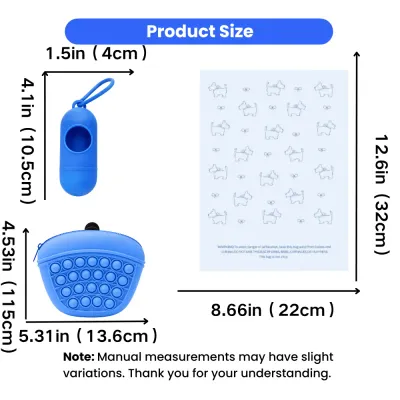 Dog walking set size guide with treat pouch, poop bag dispenser and waste bags