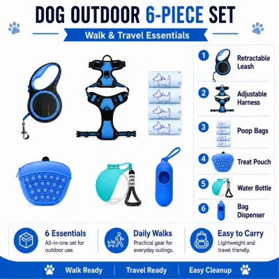Wholesale 6 piece dog walking set with harness leash poop bags treat pouch water bottle and bag dispenser