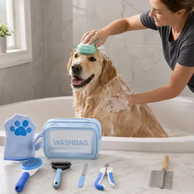 Golden retriever being bathed with pet bath brush while seven piece grooming tools and wash bag are displayed nearby