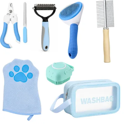 7 piece pet grooming kit with nail clipper, nail file, deshedding rake, slicker brush, comb, bath glove and bath brush