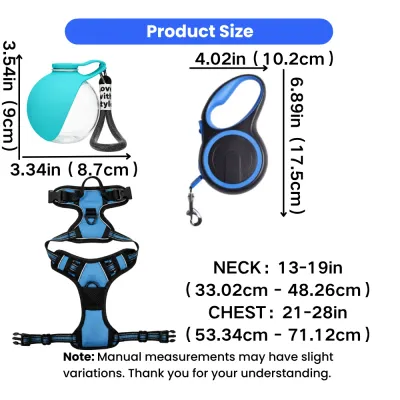 Adjustable dog harness, retractable leash and portable water bottle size guide
