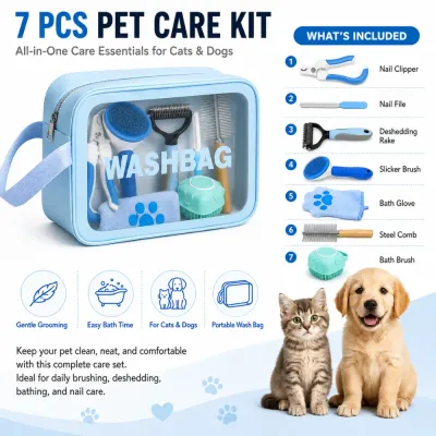 7 piece pet care kit with nail clipper, nail file, deshedding rake, slicker brush, bath glove, steel comb and bath brush