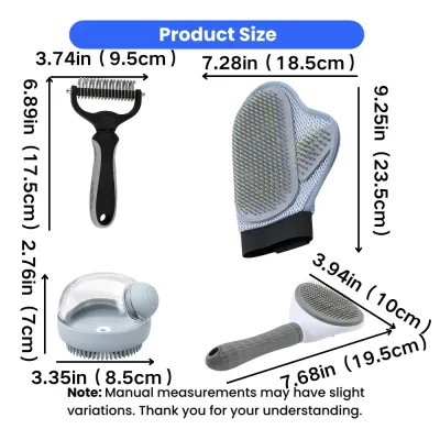 Pet Grooming Tools Size Guide for 7 Piece Grooming Kit size chart for pet grooming brush, de-shedding rake, grooming glove and bath brush