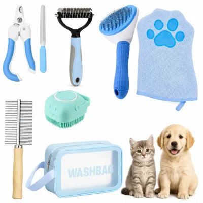 7 piece cat and dog grooming kit with brushes, comb, nail care tools, bath glove and portable storage bag