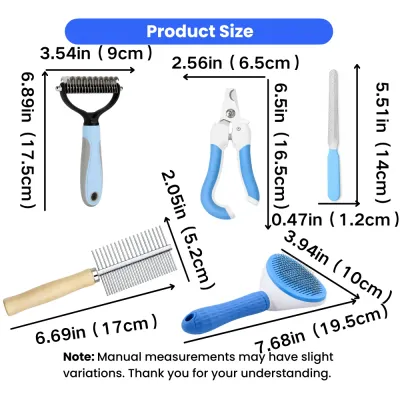 Pet grooming tool size chart showing nail clipper, nail file, deshedding rake, slicker brush and steel comb dimensions
