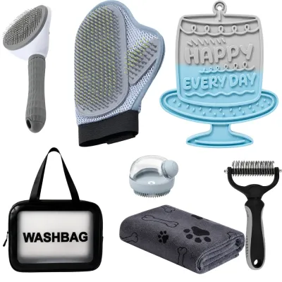Complete 7 Piece Pet Grooming Kit Components Pet grooming set with slicker brush, deshedding rake, grooming glove, bath brush, lick mat, towel and wash bag.