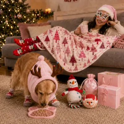 Woman and Golden Retriever enjoying a matching pink Christmas pet gift set with blanket, socks, Santa hat, lick mat and dog toys.