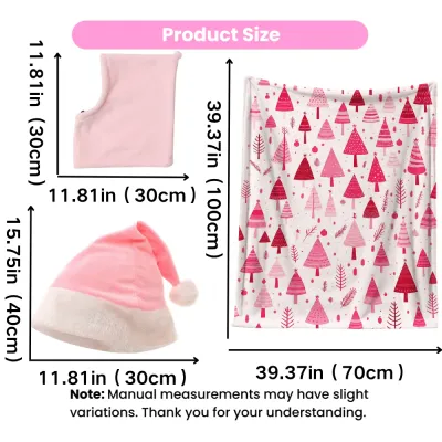 Size guide for pink Christmas pet hood, Santa hat and pink Christmas tree patterned holiday blanket.