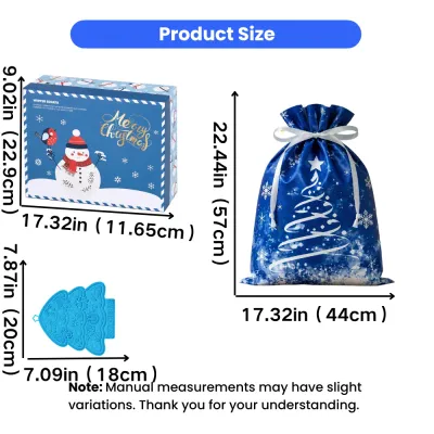 Christmas Gift Box Lick Mat and Drawstring Bag Size Guide Size guide for blue Christmas gift box, Christmas tree dog lick mat and holiday drawstring gift bag for pets
