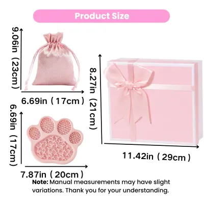 Size guide for pink paw lick mat, drawstring gift pouch and pink Christmas gift box included in the pet holiday set.