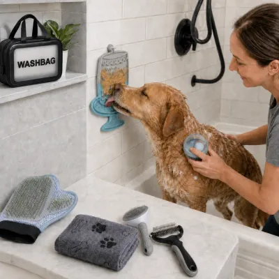 Complete 7 Piece Pet Grooming Kit Components Pet grooming set with slicker brush, deshedding rake, grooming glove, bath brush, lick mat, towel and wash bag.