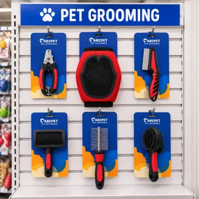 Wholesale Pet Grooming Tools Retail Shelf Display Wholesale pet grooming brushes combs glove nail clipper and grooming rake displayed on pet store retail shelf