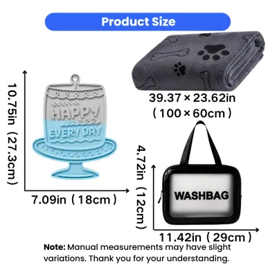 Pet Grooming Kit Accessories Size Guide Size chart for silicone lick mat, pet towel and portable wash bag included in the pet grooming kit.