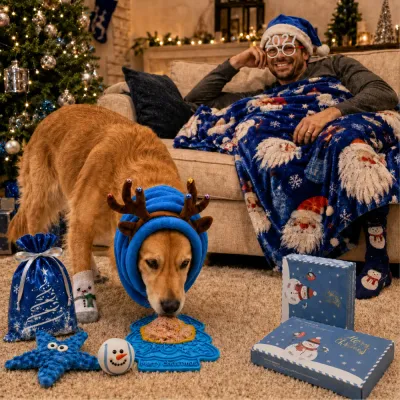 Matching Owner and Dog Christmas Gift Set Lifestyle Owner and golden retriever enjoying matching blue Christmas accessories with blanket, dog toys, lick mat, socks and holiday gift packaging