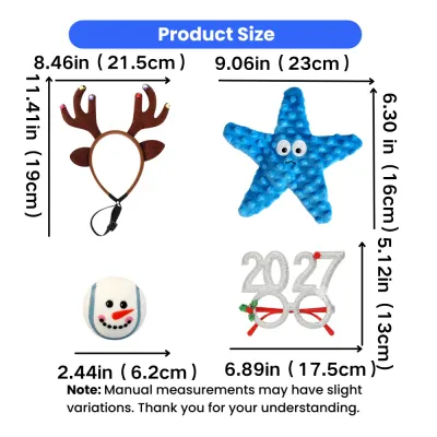 Christmas Dog Accessories and Toys Size Guide Size guide for Christmas dog antler headband, blue starfish plush toy, snowman ball and festive 2027 novelty glasses