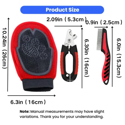 Grooming Glove Nail Clipper and Pet Rake Sizes Size guide for pet grooming glove dog nail clipper and grooming rake for coat care and nail trimming