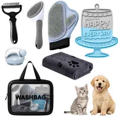 7 Piece Dog and Cat Grooming Kit Set Seven piece dog and cat grooming kit with brushes, grooming glove, bath accessories, towel and portable storage bag.