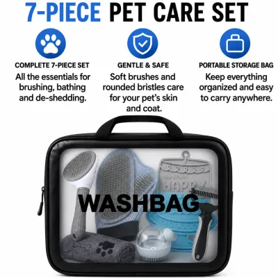 7 Piece Pet Grooming and Bathing Set with Storage Bag Seven piece pet grooming kit with brushes, grooming glove, bath brush, lick mat, towel and portable wash bag.