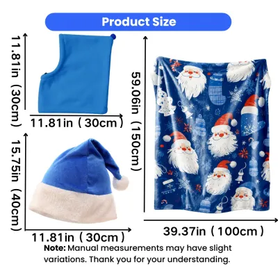 Blue Christmas Hat Blanket and Pet Hood Size Guide Size chart for blue Christmas pet hood, Santa hat and Santa print fleece blanket included in the Christmas pet gift set