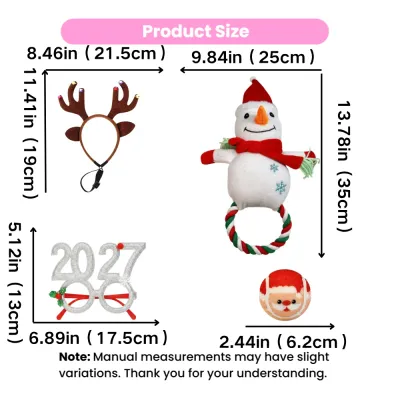 Size guide for Christmas reindeer pet headband, snowman rope dog toy, holiday glasses and Santa plush ball toy.