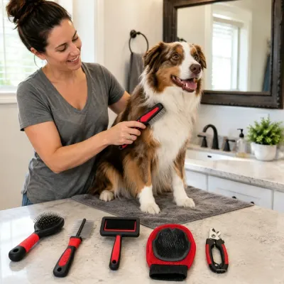 Dog Grooming Tools for At Home Pet Care Woman grooming a dog with pet grooming rake alongside brushes comb grooming glove and nail clipper