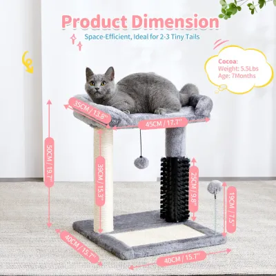 Compact grey cat tree with 17.7 inch perch 15.7 inch base scratching post grooming brush and cat toys