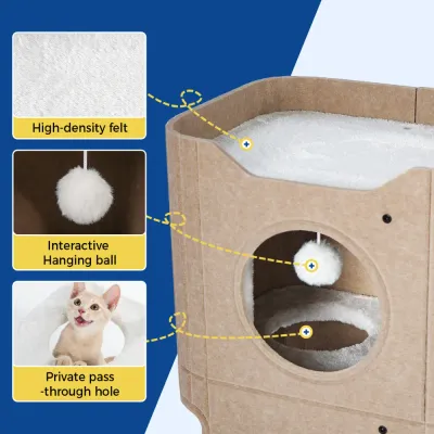 High Density Felt Cat House with Hanging Ball Close-up of beige felt cat house with high-density felt soft bed hanging ball and pass-through hole