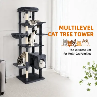 Dark gray multi level cat tree tower with hammocks condo platforms and multiple cats in a living room