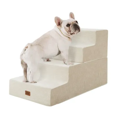 4 Step Foam Dog Stairs for Bed and Sofa French Bulldog using beige 4 step foam dog stairs for easy access to beds and sofas