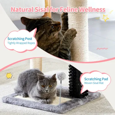 Cat using natural sisal scratching post and woven scratching mat on compact cat tree