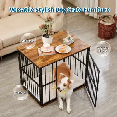 Versatile Wooden Dog Crate Furniture End Table Wooden dog crate furniture used as a side table with spacious kennel area for dogs
