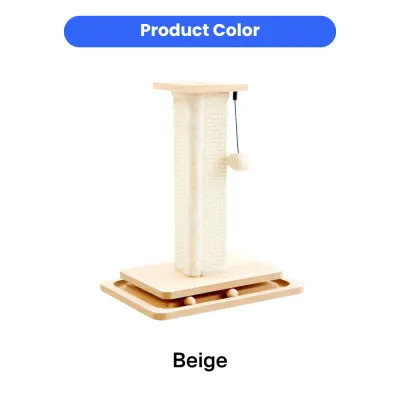 Beige cat scratching post with sisal wrapped post, hanging plush ball and interactive trackball base