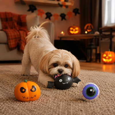 Halloween Vinyl Dog Toys for Dogs Indoor Play Small dog playing with black bat vinyl toy beside pumpkin and eyeball Halloween dog toys
