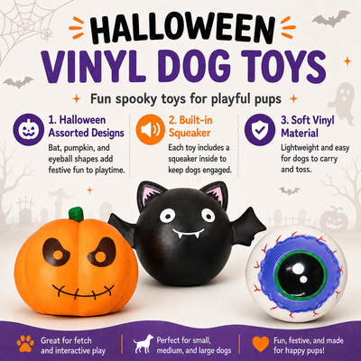 Halloween Vinyl Squeaky Dog Toys with Assorted Designs Halloween vinyl squeaky dog toys featuring bat pumpkin and eyeball designs for interactive fetch and play