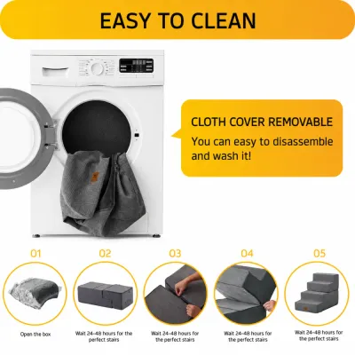 Dog Stairs with Removable Washable Cover Removable fabric cover from foam dog stairs shown beside washing machine for easy cleaning
