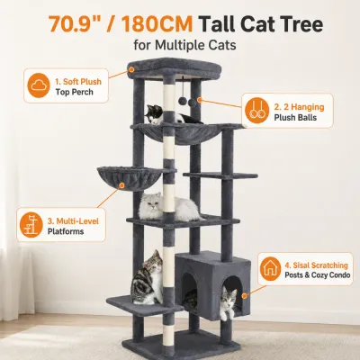 70.9 inch tall cat tree with plush top perch hanging balls platforms sisal scratching posts and cat condo