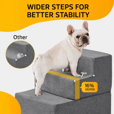 Wide 3 Step Dog Stairs for Better Stability Grey 3 step dog stairs with wide 7 inch steps designed for stable and comfortable climbing