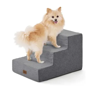 Small Dog Using Grey 3 Step Pet Stairs Small Pomeranian standing on grey 3 step dog stairs with wide foam steps